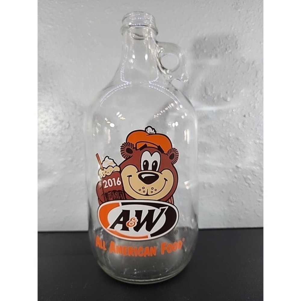 A&W Root Bear Glass Jug 2016 Rooty Bear Logo 10" tall X 4.5 " wide